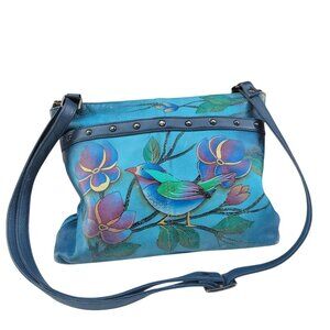 Anuschka Hand-Painted Leather Crossbody Bag With Floral Bird Design As-Is